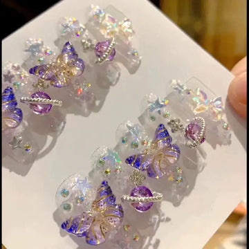 Qfdian 10Pcs Handmade Press On Nails Big Planet Designed Fake Nails with Butterfly Art Glitter False Coffin Nails Diamond Wearable Tips